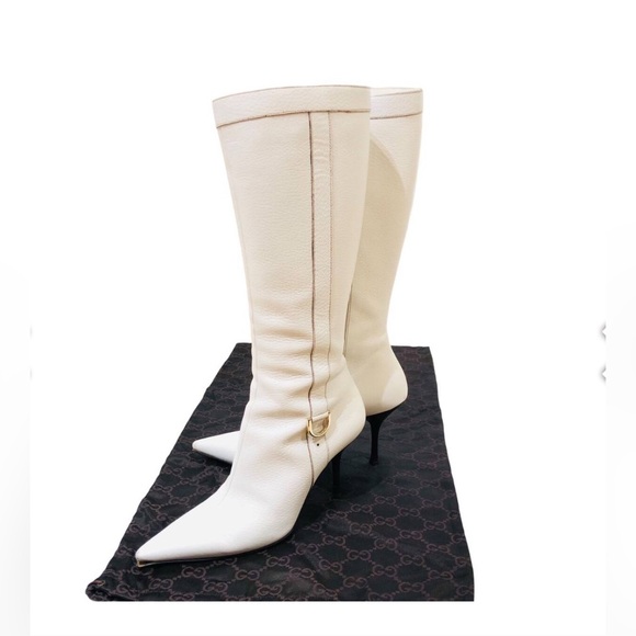 Gucci White Leather Knee High Pointed Toe Stiletto Heel Boots w/ Dust Bag sz 7.5 - Picture 1 of 16